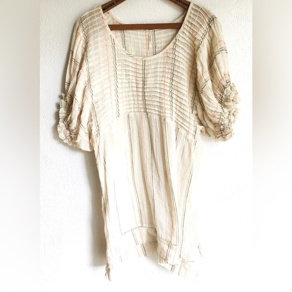 Free People Boho Natural White Striped Puff Sleeves Tunic Medium - Picture 4 of 4